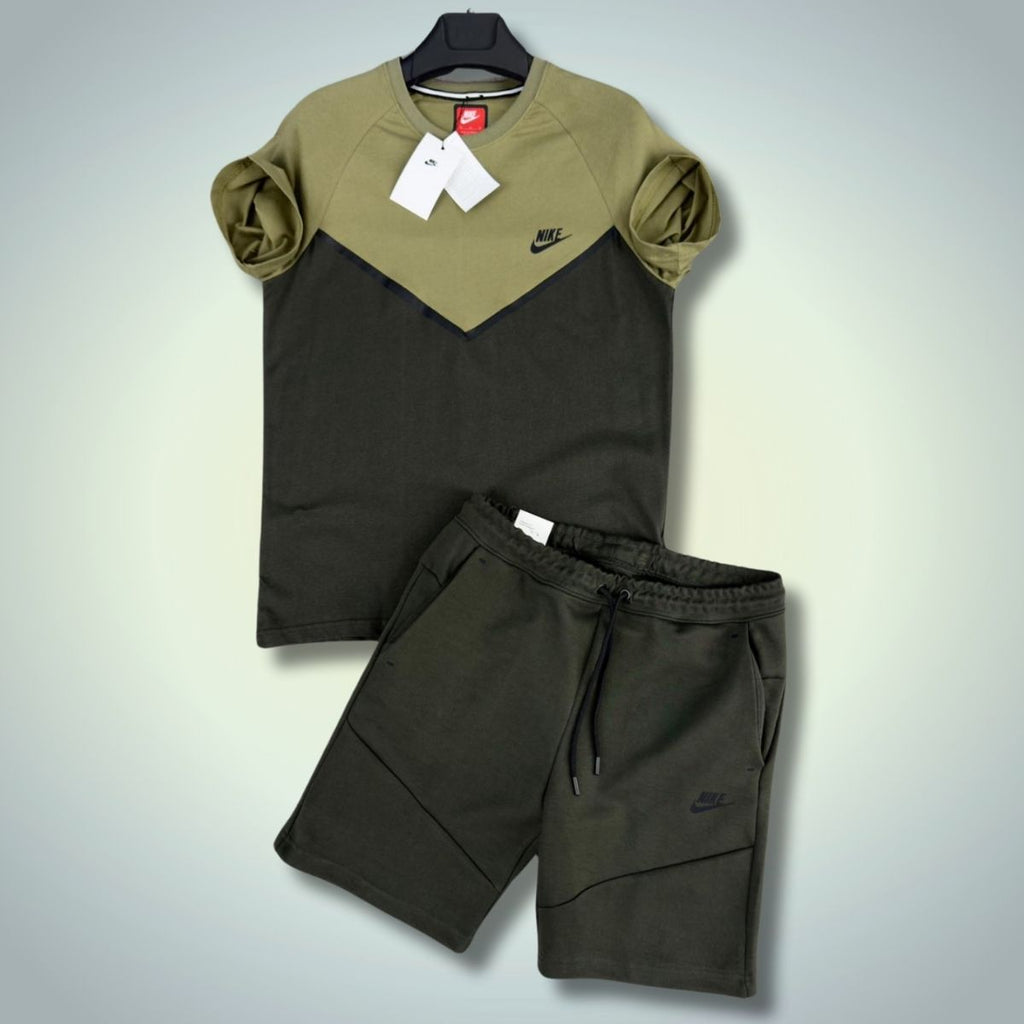 Nike Tech Fleece férfi szett rövidnadrággal, sötétzöld - olajzöld. Prémium minőség