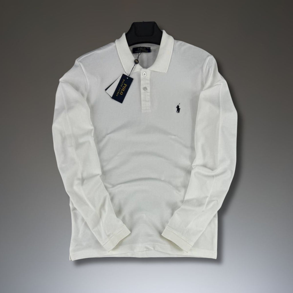 Ralph Lauren férfi hosszú ujjú galléros póló, fehér. Prémium minőség