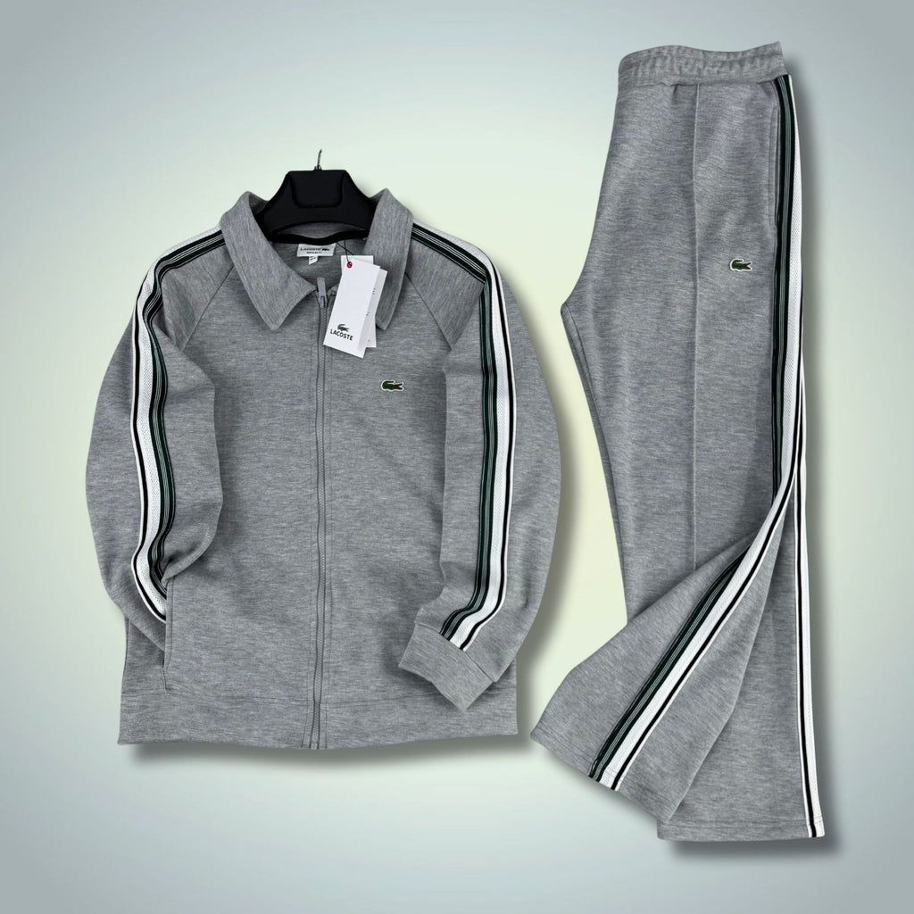 Lacoste férfi tréningruha, klasszikus szürke, csíkkal, 2026-os modell, prémium minőség