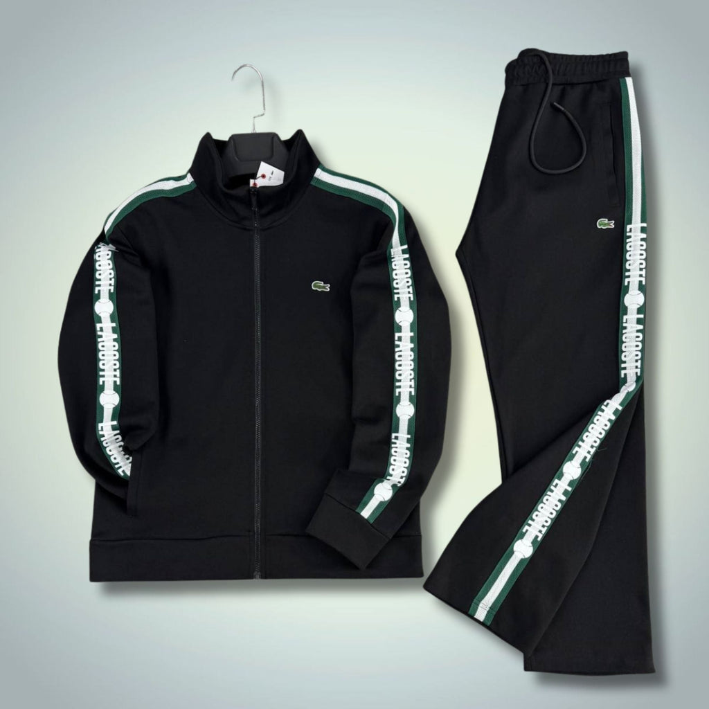 Lacoste férfi tréningruha, fekete, teniszcsíkkal, prémium minőség