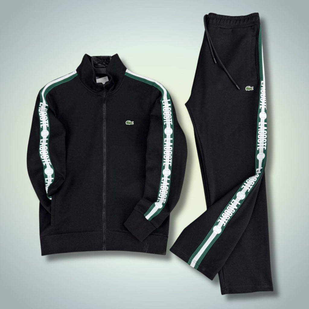 Férfi tréningruha Lacoste, teniszcsíkok, fekete. Prémium minőség