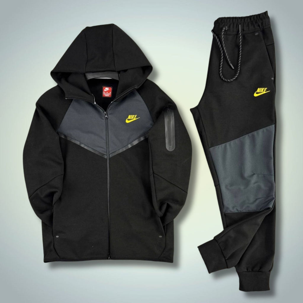 Nike Tech Fleece férfi melegítő szett, fekete-grafit, sárga logó, 2024-es modell. Prémium minőség