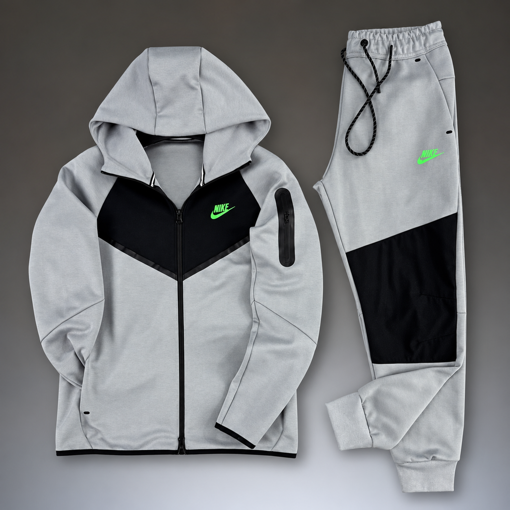 Nike Tech Fleece férfi melegítő szett, szürke - fekete, zöld logóval. 2024-es modell. Prémium minőség