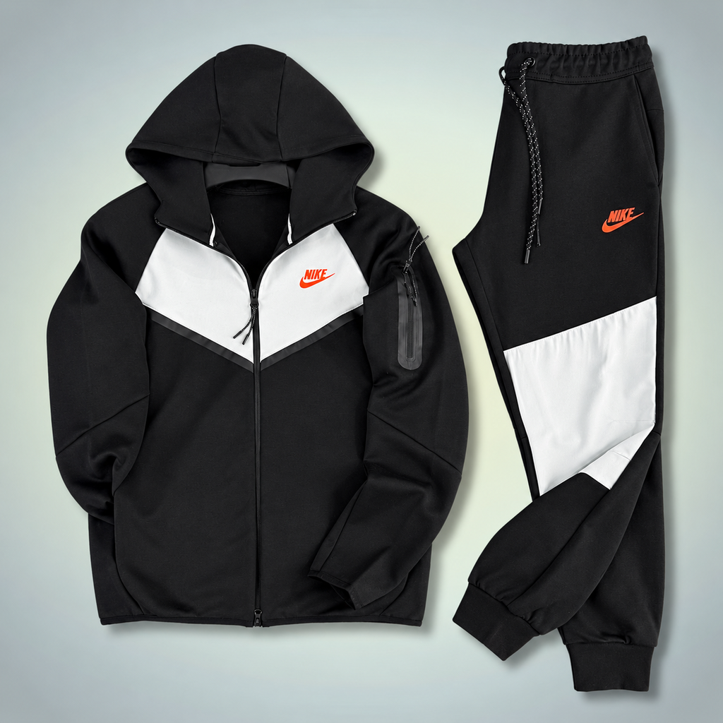 Nike Tech Fleece férfi melegítő szett, fekete - fehér, narancssárga logóval. 2024-es modell. Prémium minőség