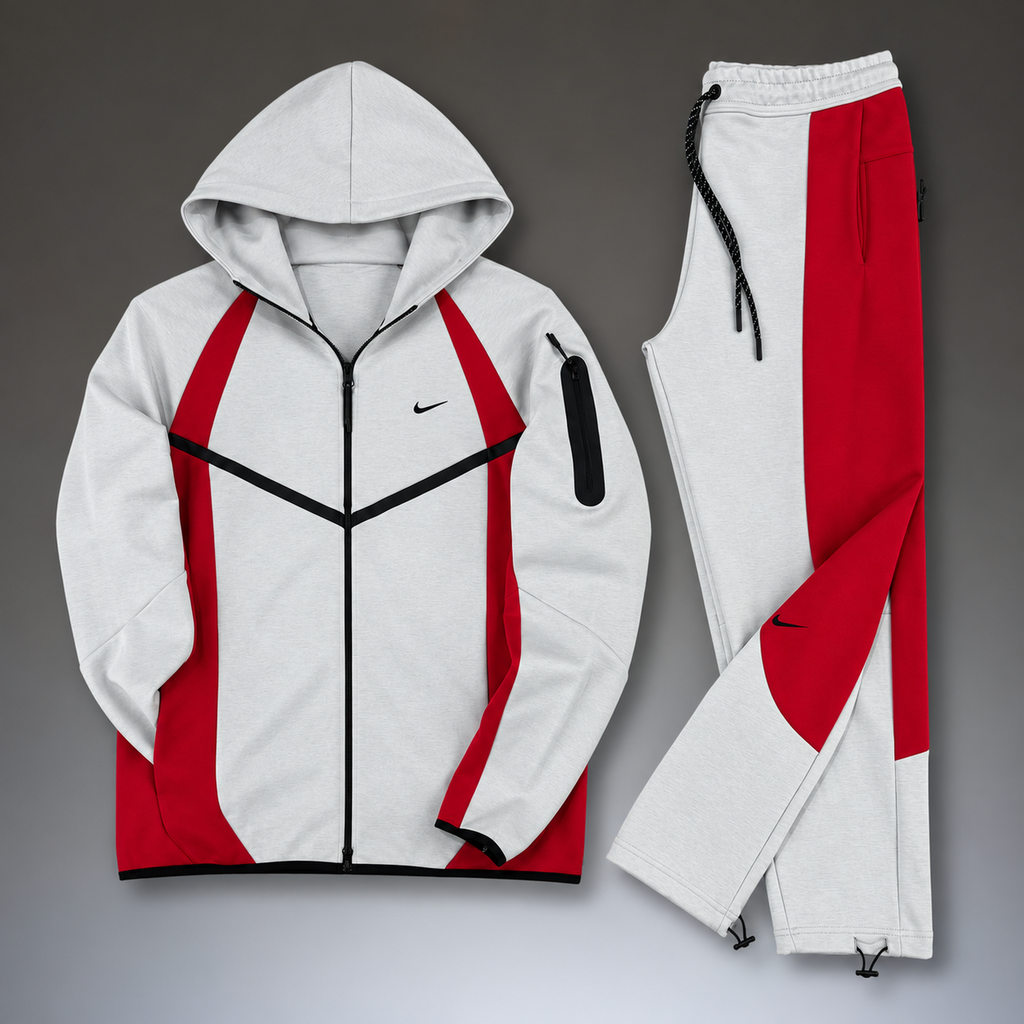 Nike Tech Fleece férfi melegítő szett, világosszürke - piros. 2026-os modell. Prémium minőség