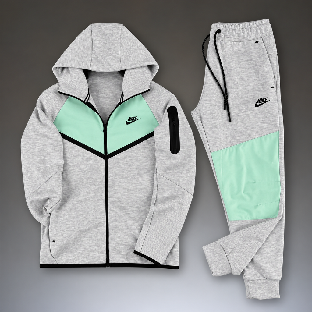 Nike Tech Fleece férfi melegítő szett, klasszikus szürke - mentazöld. 2024-es modell. Prémium minőség