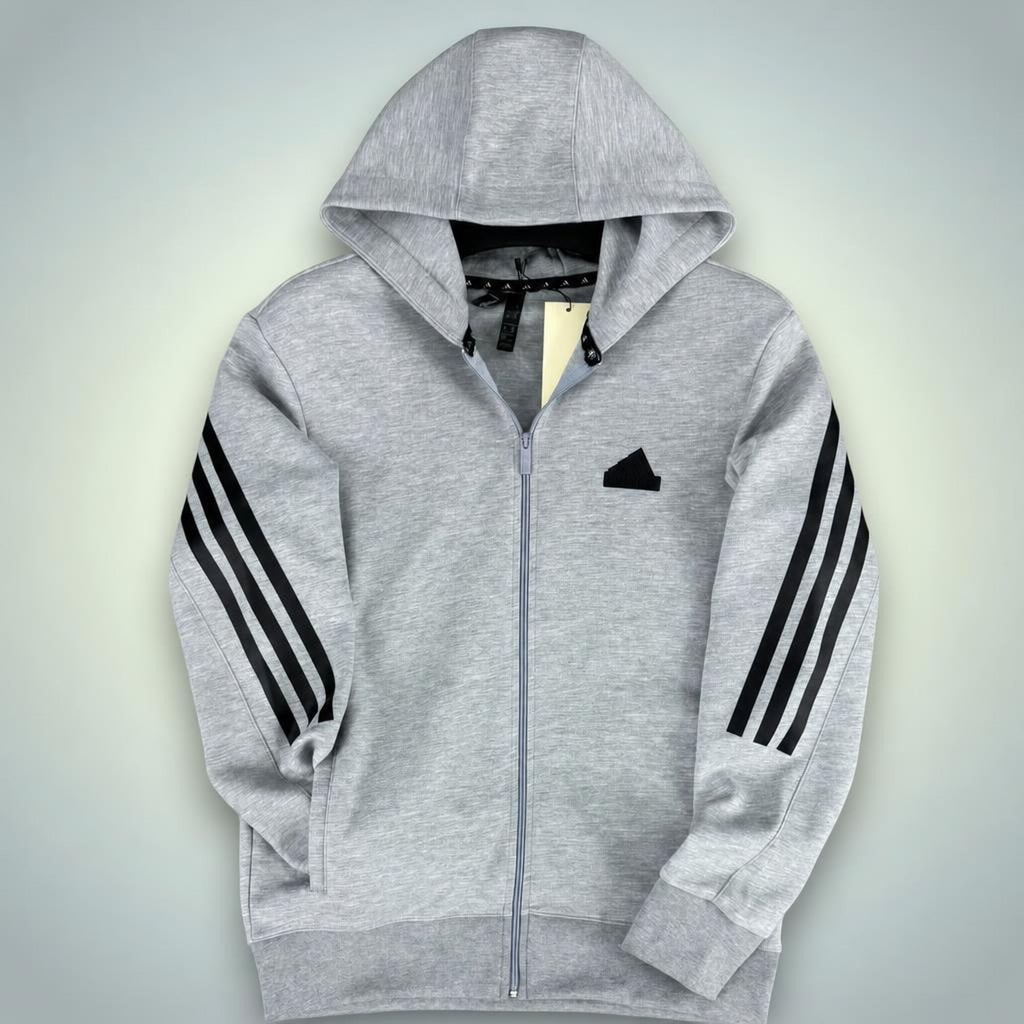 Adidas férfi pulóver kapucnival, három csíkkal, klasszikus szürke. Prémium minőség