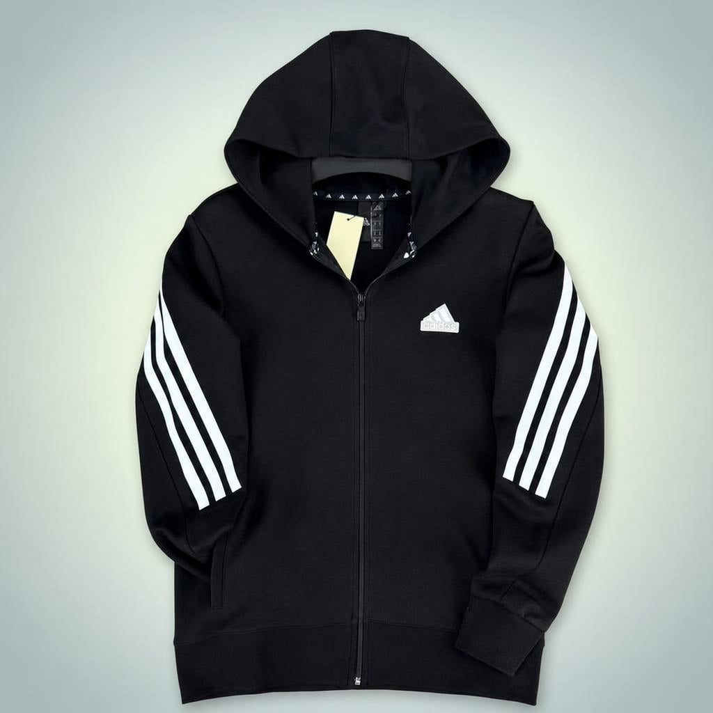 Adidas férfi pulóver kapucnival, három csíkkal, fekete. Prémium minőség