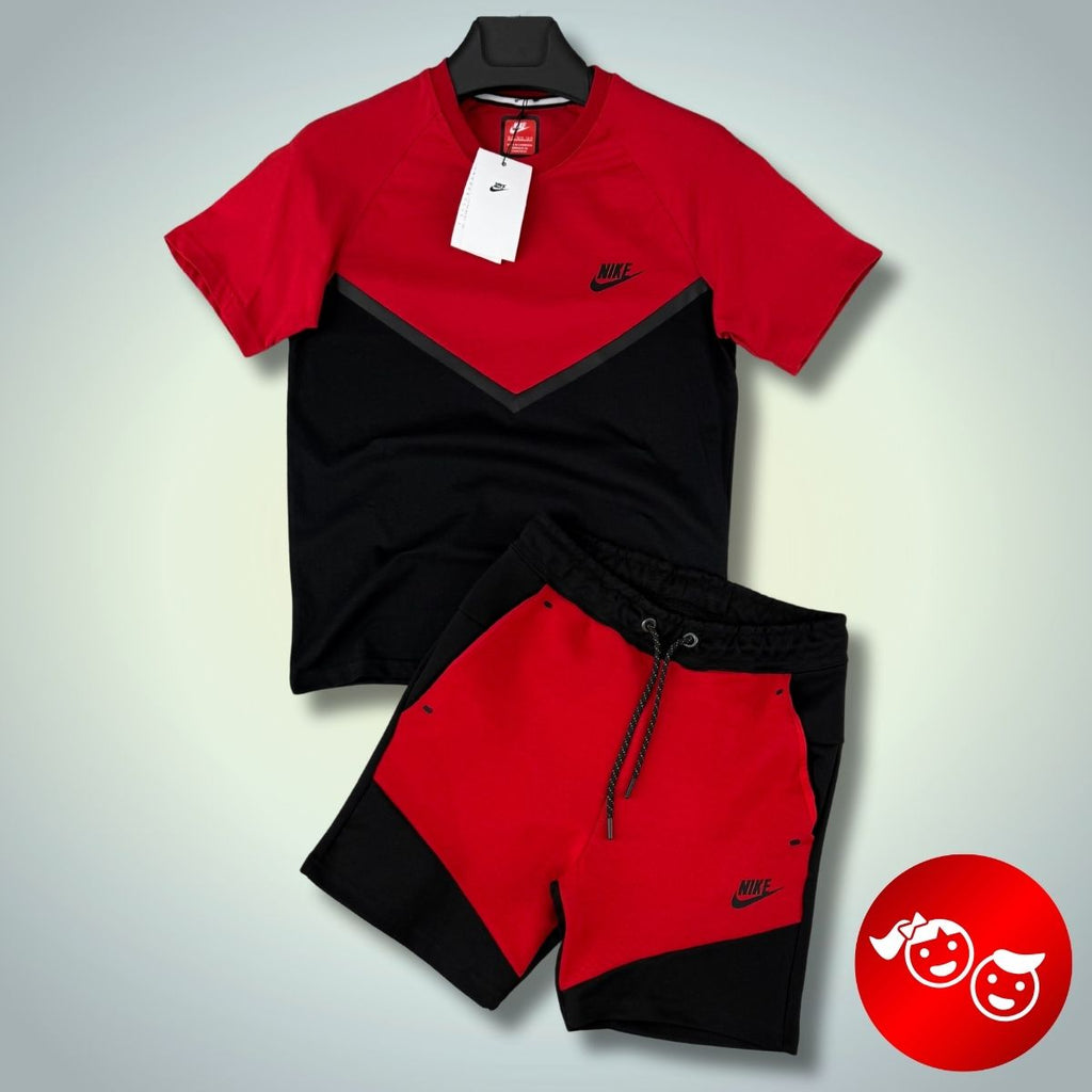 Nike Tech Fleece gyerek szett rövidnadrággal, piros-fekete. Prémium minőségű