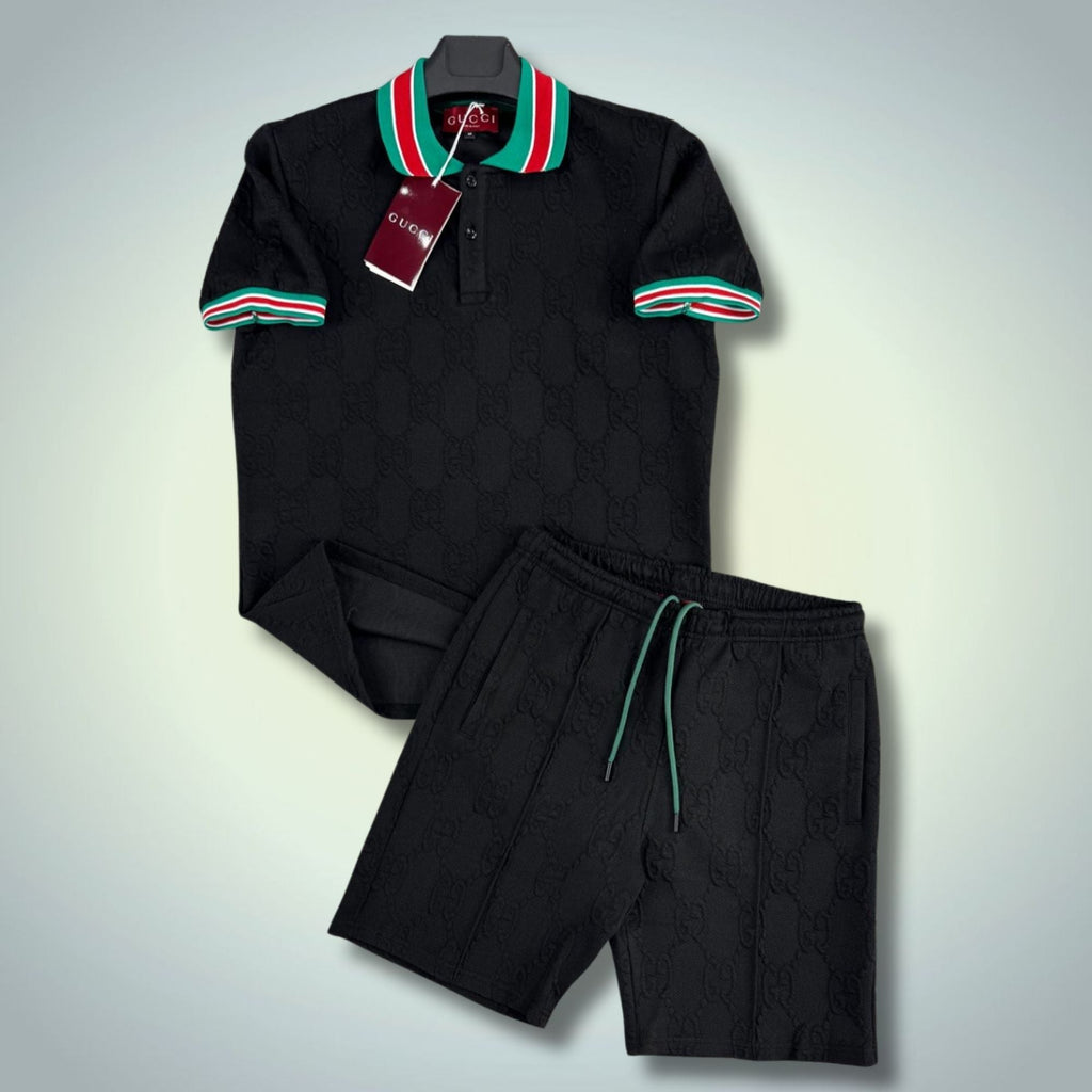 Gucci férfi rövid sportos szett, polo gallérral, fekete. Prémium minőség