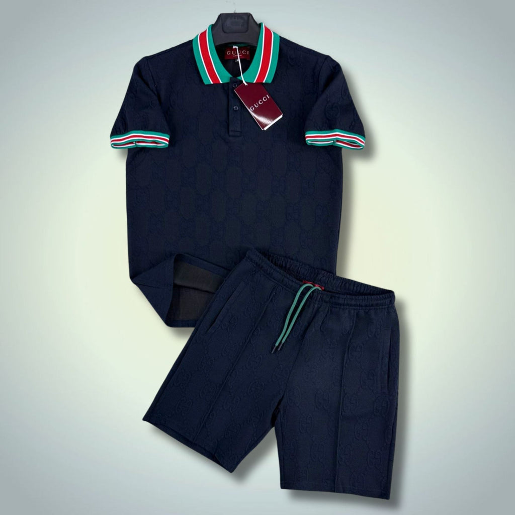 Gucci férfi rövid sportos szett, polo gallérral, sötétkék. Prémium minőség