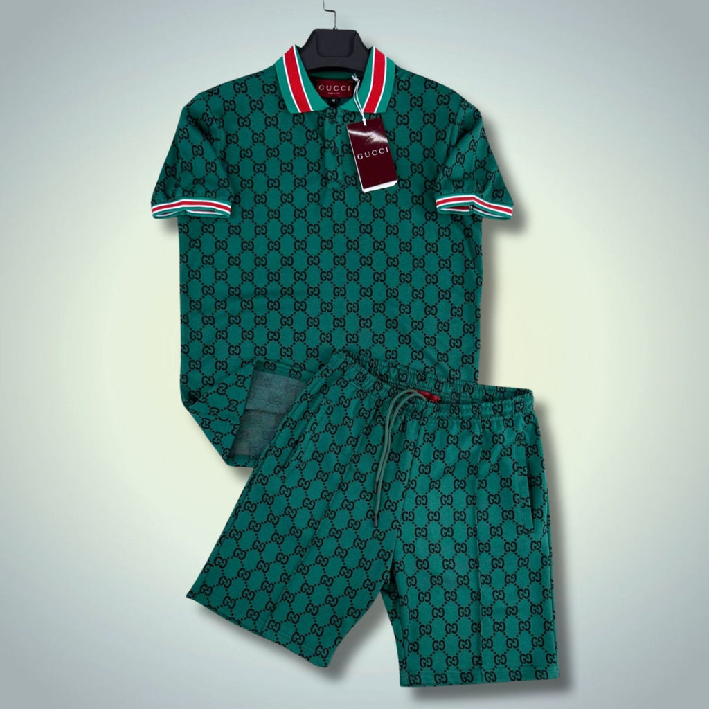Gucci férfi rövid sportos szett, polo gallérral, kis logóval, zöld. Prémium minőség