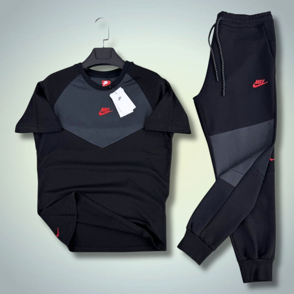 Nike Tech Fleece férfi nyári sportos szett, fekete-grafitszürke, piros logóval. 2026. Prémium minőség