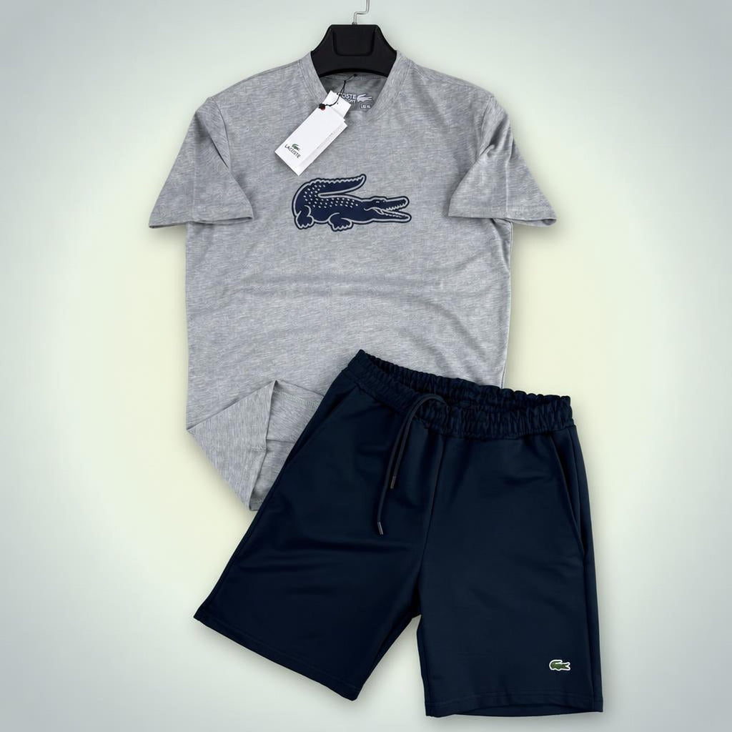 Lacoste Big Logo férfi rövid melegítő szett, klasszikus szürke-sötétkék. Prémium minőség