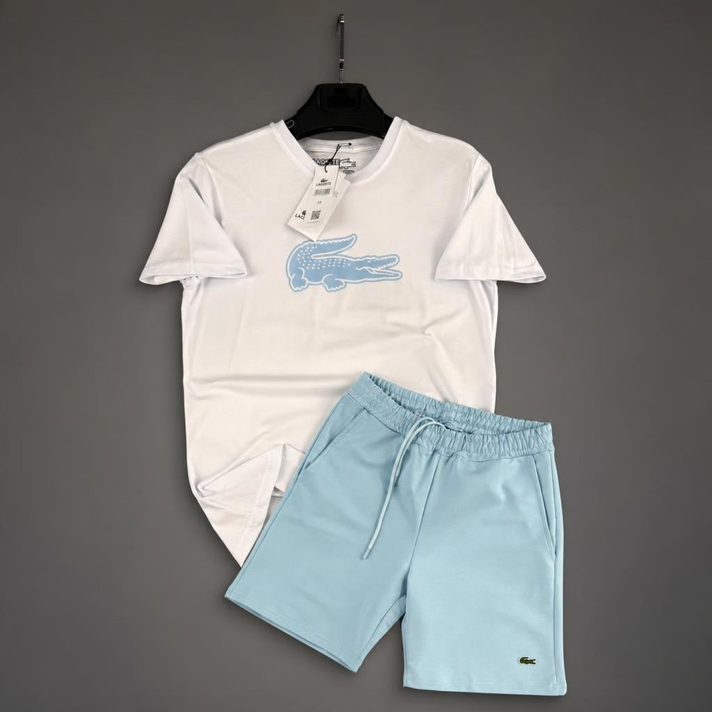 Lacoste Big Logo férfi rövid melegítő szett, fehér-világoskék. Prémium minőség