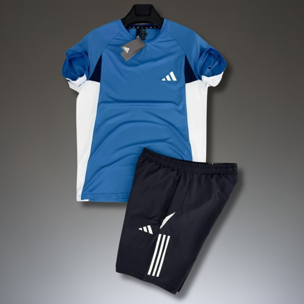 Adidas férfi sport szett rövidnadrággal, kék - fekete. Prémium minőség