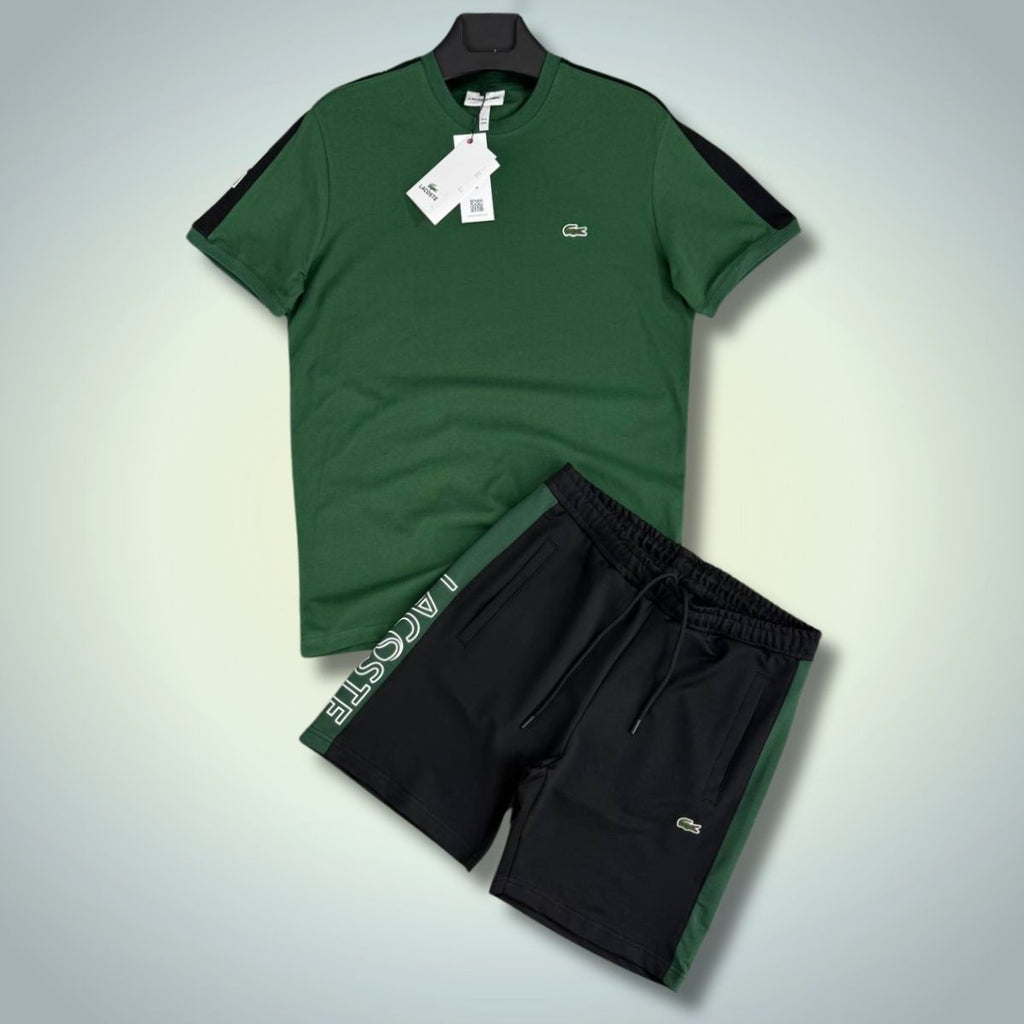 Lacoste férfi szett rövidnadrággal, Logó csíkos, zöld - fekete. Modell 2025. Prémium minőség