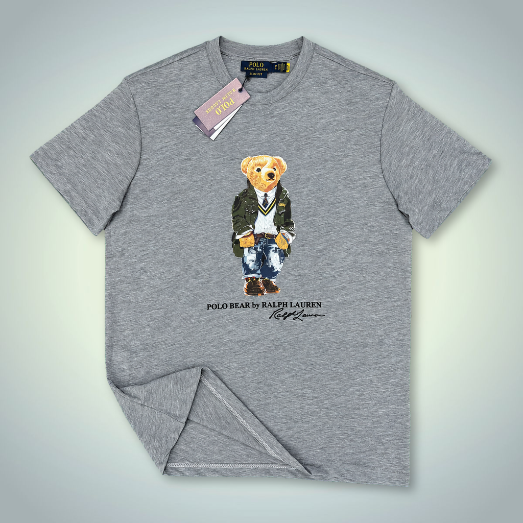 Ralph Lauren férfi póló, egyenruhás maci nyomattal, klasszikus szürke. Prémium minőség